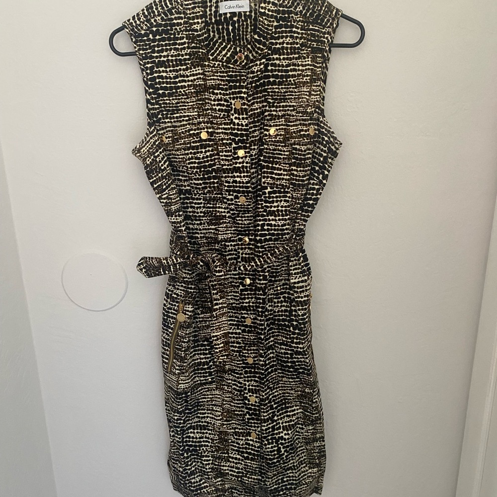 Calvin Klein Black and White Buttoned Tie Front Sheath Dress